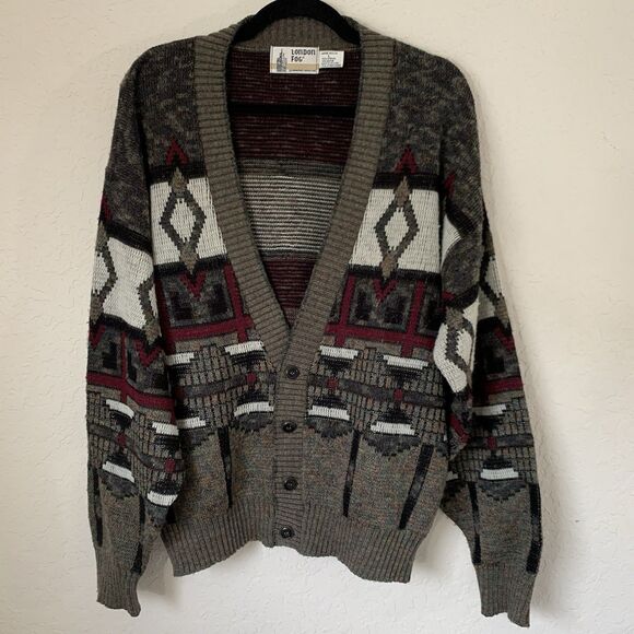 VTG London Fog Cardigan Sweater Men L Gray Button USA Grandpa Cosby Cobain Cabin - Picture 7 of 8